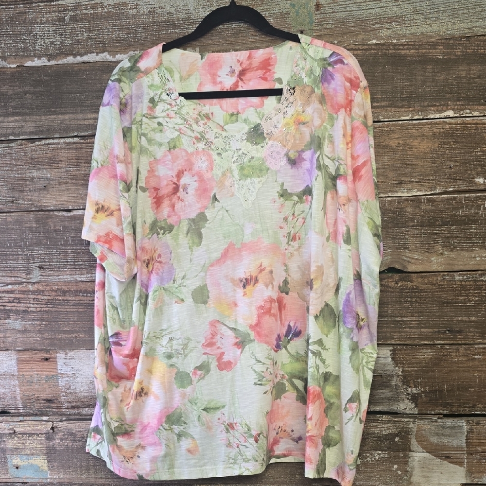 Floral Lace-Trim Long Sleeve Women's Top - Pastel Floral, Size 3X